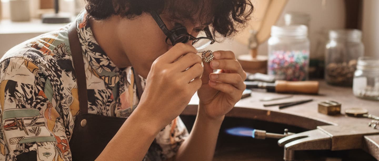 Alex Petrov examining jewelry at the workbench