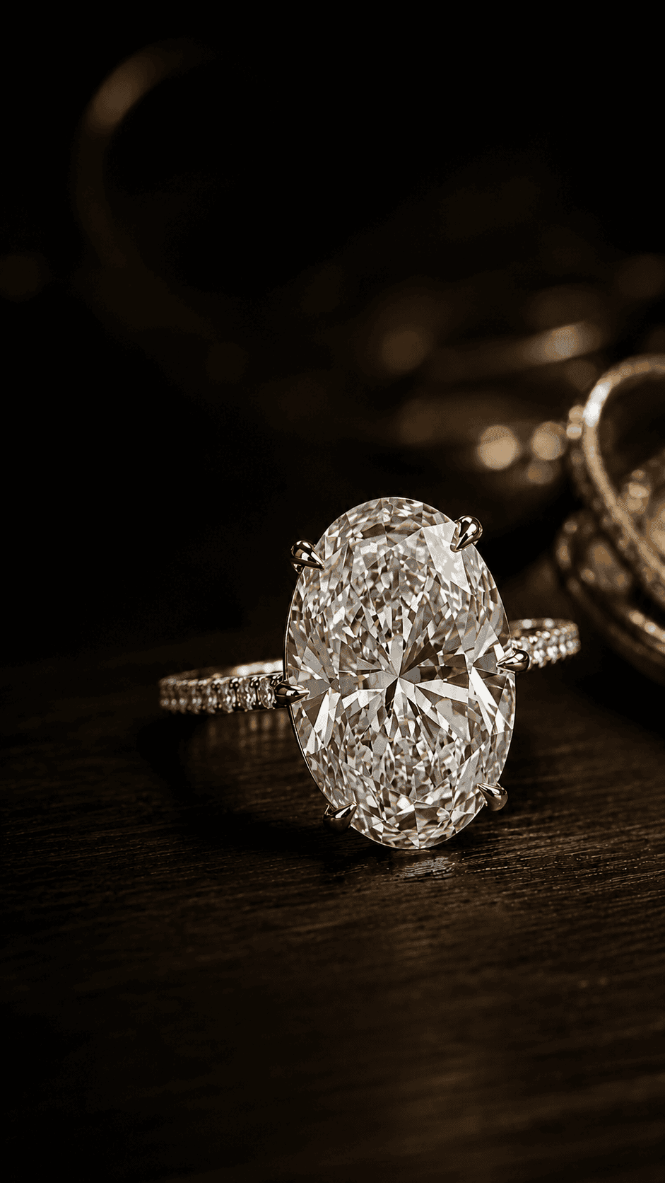 Diamond engagement ring on a dark wooden table